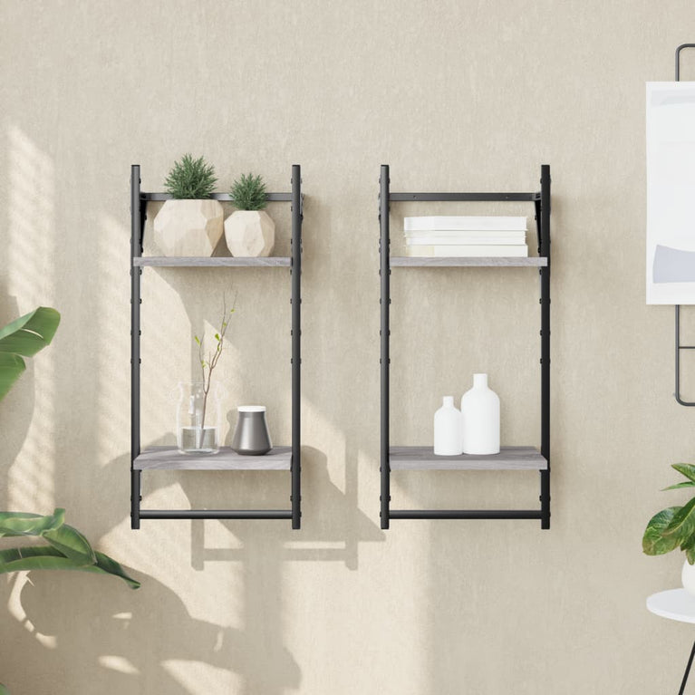 Wandschappen 2-laags met stangen 2 st 30x25x65 cm grijs sonoma MeubelReus