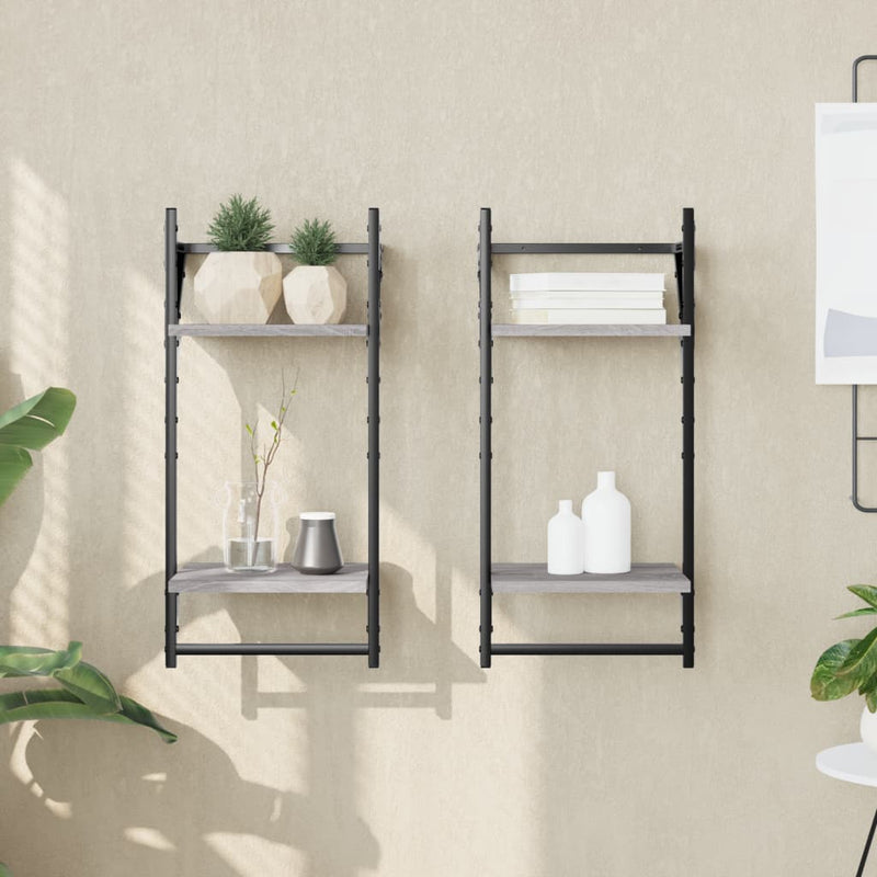 Wandschappen 2-laags met stangen 2 st 30x25x65 cm grijs sonoma MeubelReus