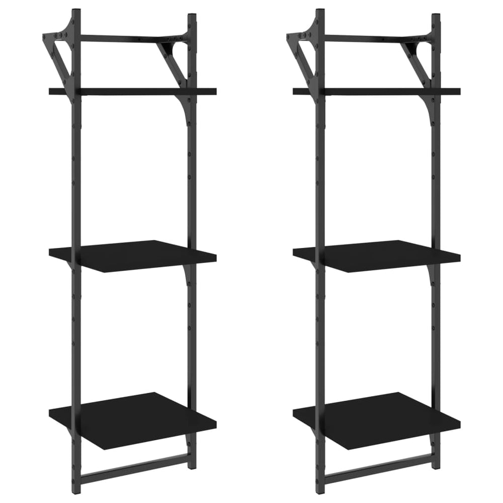 Wandschappen 3-laags met stangen 2 st 30x25x100 cm zwart MeubelReus