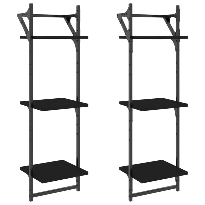 Wandschappen 3-laags met stangen 2 st 30x25x100 cm zwart MeubelReus