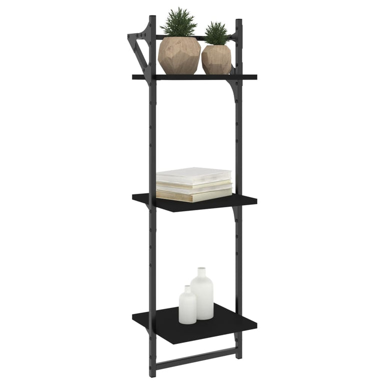 Wandschappen 3-laags met stangen 2 st 30x25x100 cm zwart MeubelReus