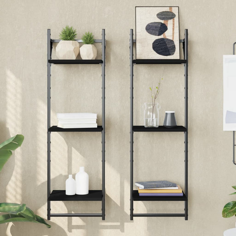 Wandschappen 3-laags met stangen 2 st 30x25x100 cm zwart MeubelReus