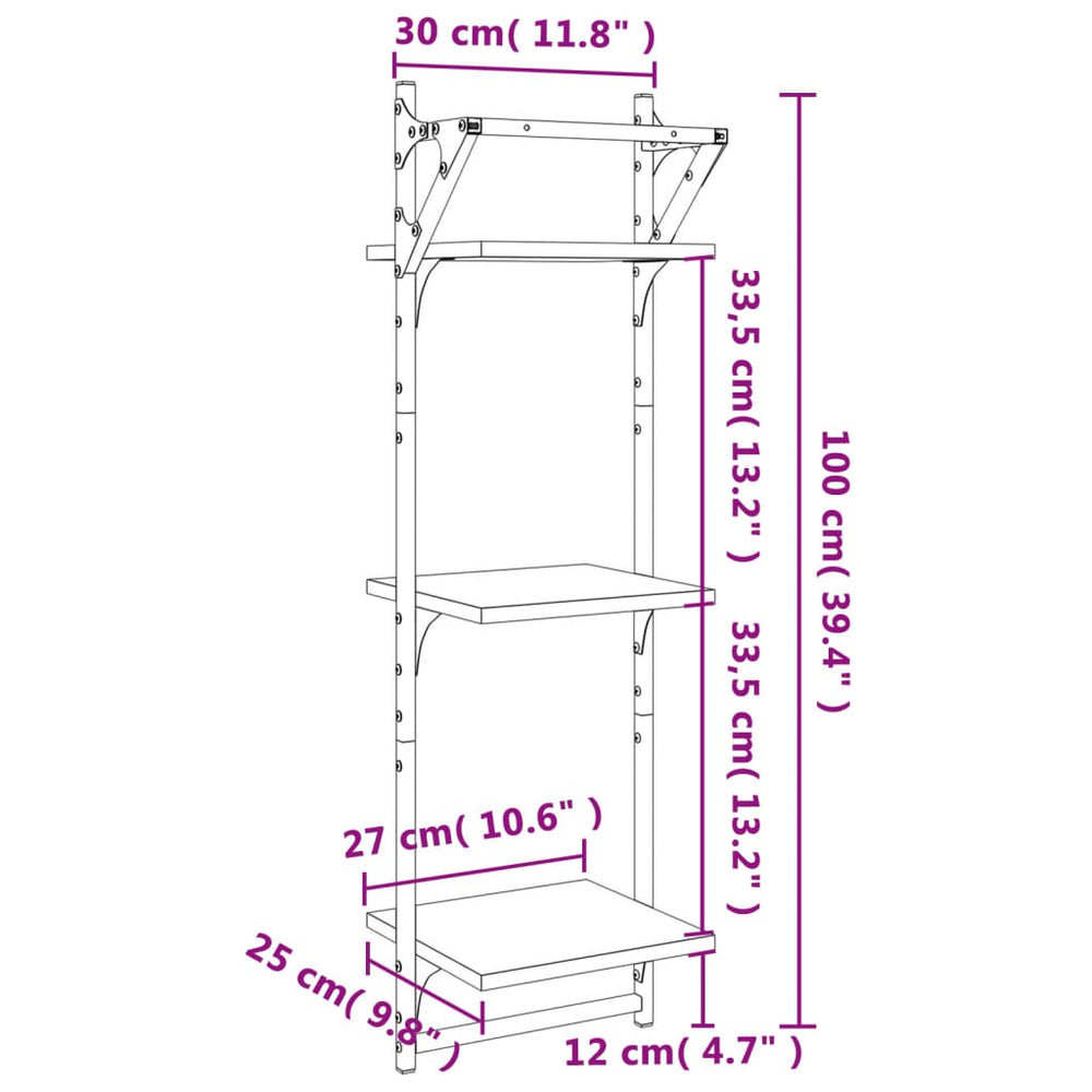 Wandschappen 3-laags met stangen 2 st 30x25x100 cm sonoma eiken MeubelReus