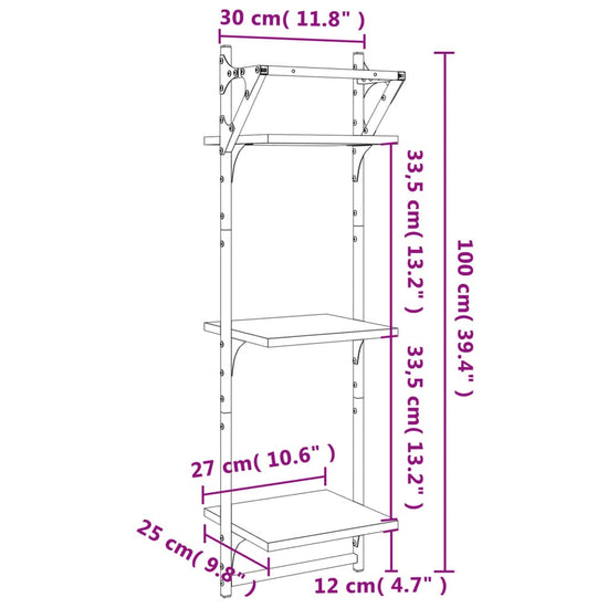 Wandschappen 3-laags met stangen 2 st 30x25x100 cm sonoma eiken MeubelReus