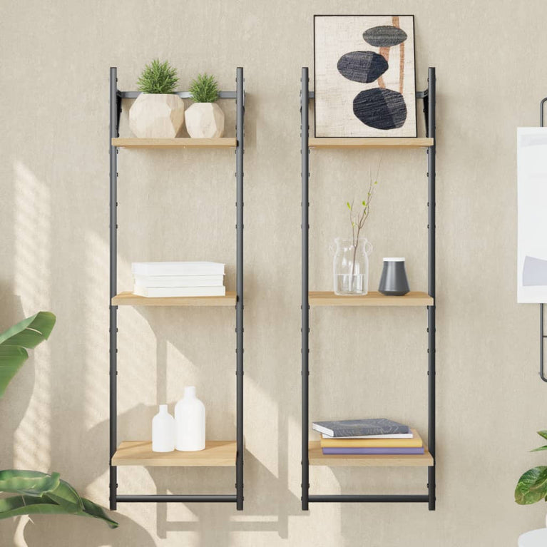 Wandschappen 3-laags met stangen 2 st 30x25x100 cm sonoma eiken MeubelReus