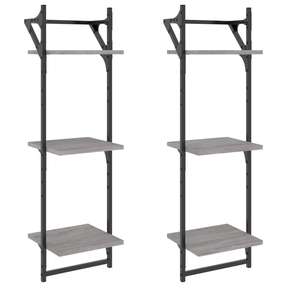 Wandschappen 3-laags met stangen 2 st 30x25x100 cm grijs sonoma MeubelReus