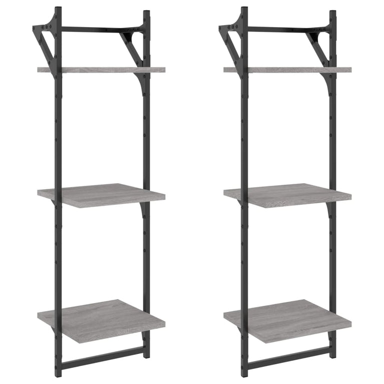 Wandschappen 3-laags met stangen 2 st 30x25x100 cm grijs sonoma MeubelReus