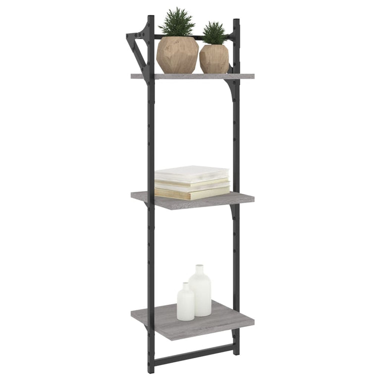 Wandschappen 3-laags met stangen 2 st 30x25x100 cm grijs sonoma MeubelReus
