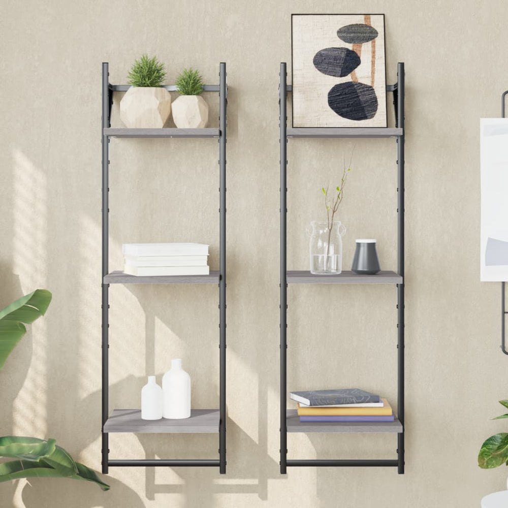 Wandschappen 3-laags met stangen 2 st 30x25x100 cm grijs sonoma MeubelReus