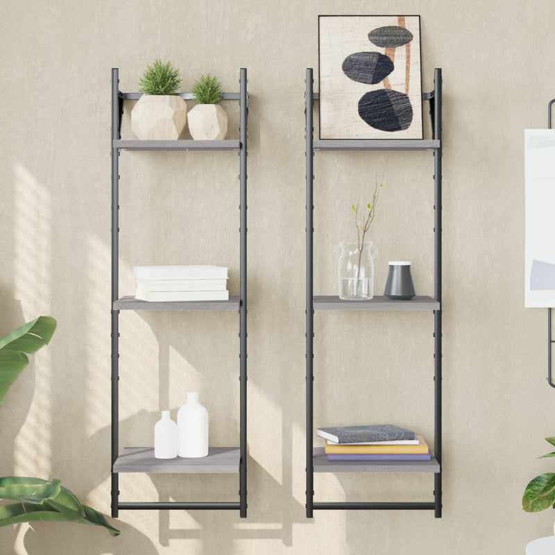 Wandschappen 3-laags met stangen 2 st 30x25x100 cm grijs sonoma MeubelReus