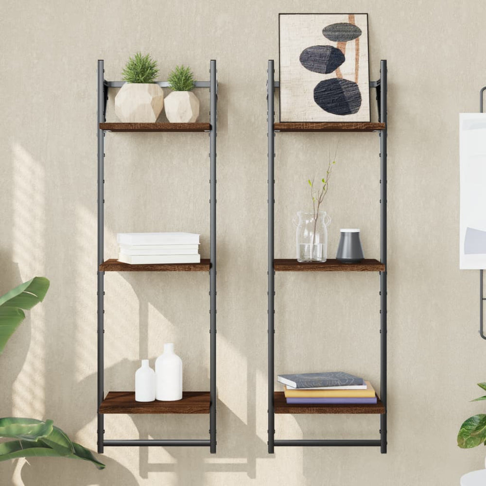 Wandschappen 3-laags met stangen 2 st 30x25x100 cm bruineiken MeubelReus