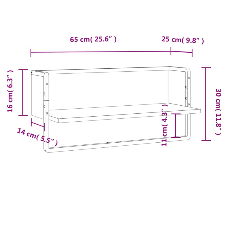Wandschap met stang 65x25x30 cm grijs sonoma eikenkleurig MeubelReus