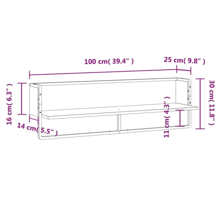Wandschap met stang 100x25x30 cm zwart MeubelReus