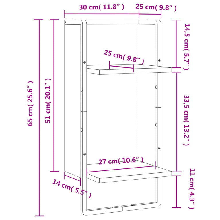 Wandschap met stang 30x25x65 cm zwart MeubelReus