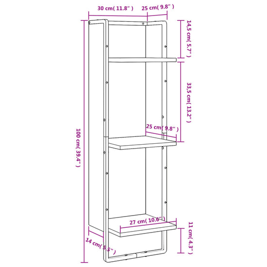 Wandrek 3-laags 30x25x100 cm bewerkt hout gerookt eikenkleurig MeubelReus