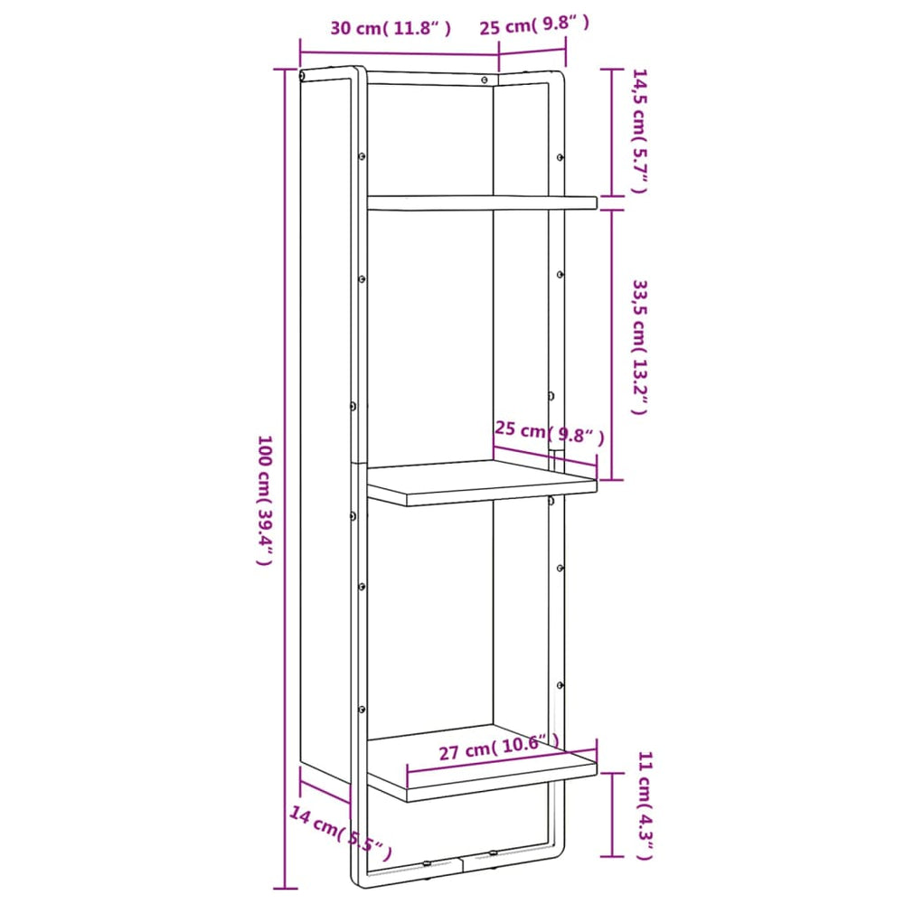 Wandrek 3-laags 30x25x100 cm bewerkt hout bruin eikenkleur MeubelReus
