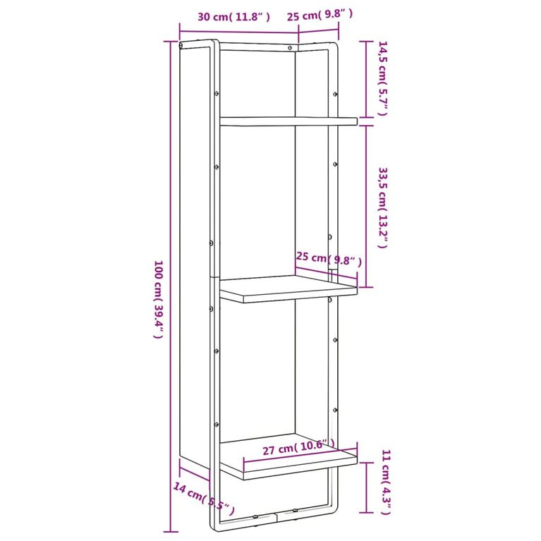 Wandrek 3-laags 30x25x100 cm bewerkt hout bruin eikenkleur MeubelReus