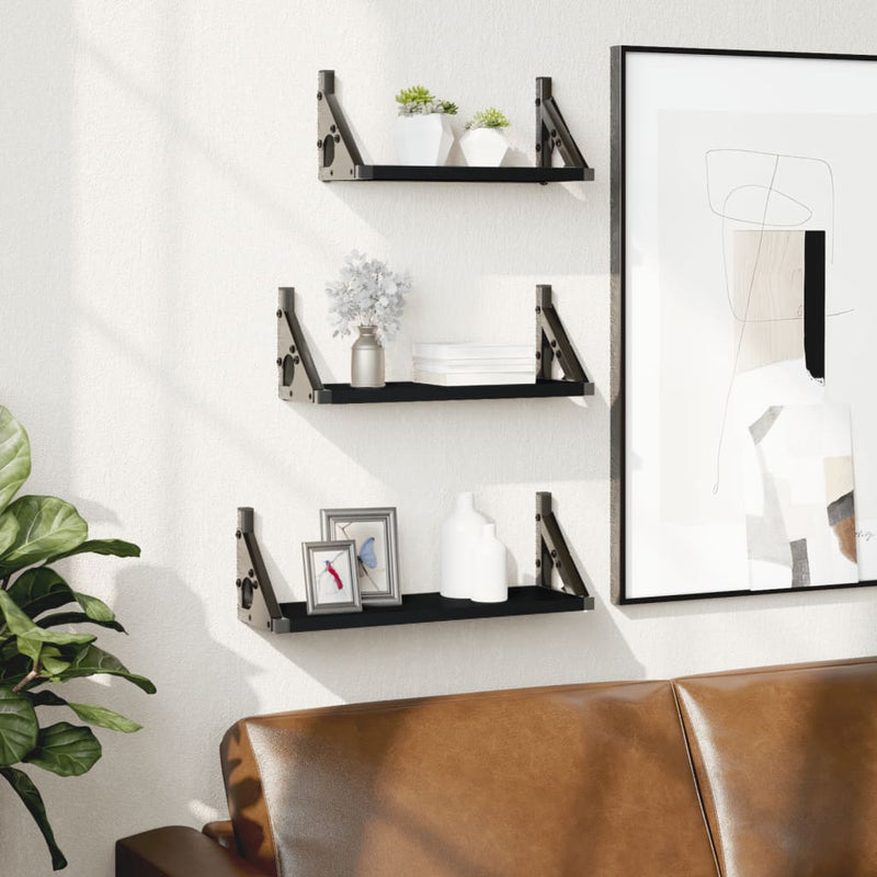 3-delige Wandschappenset bewerkt hout zwart