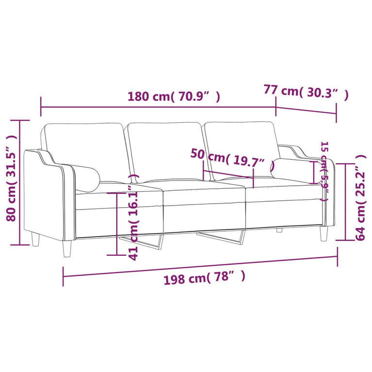Driezitsbank met sierkussens 180 cm stof zwart