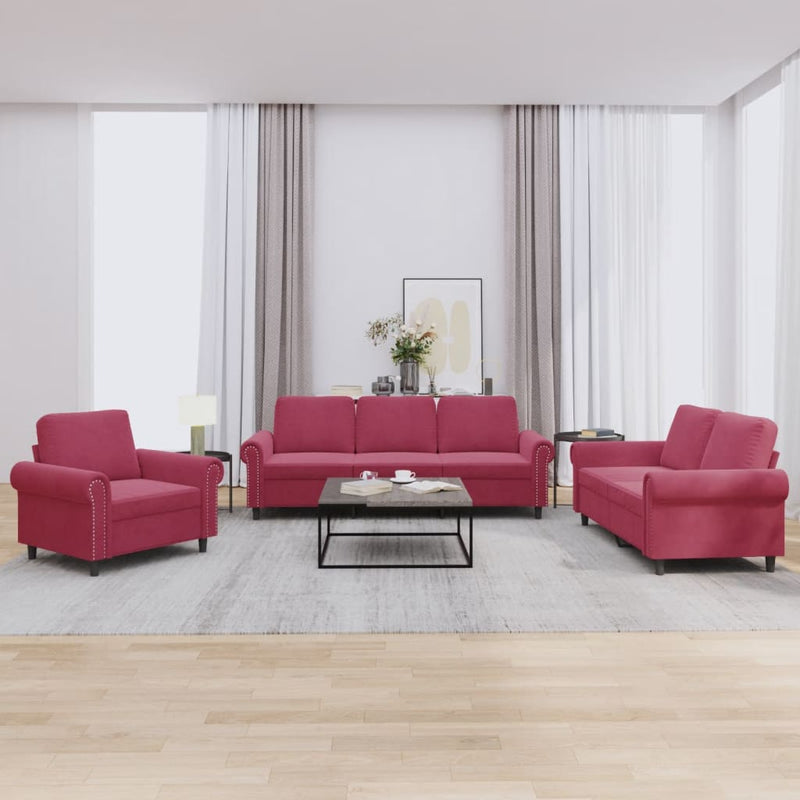 3-delige Loungeset met kussens fluweel wijnrood
