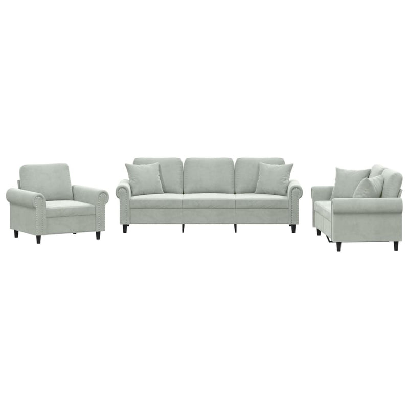 3-delige Loungeset met kussens fluweel lichtgrijs