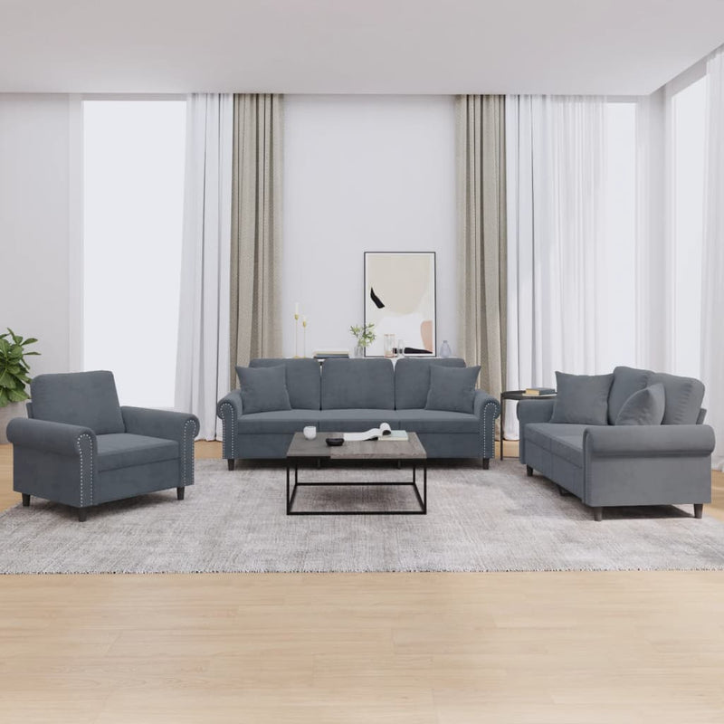 3-delige Loungeset met kussens fluweel donkergrijs