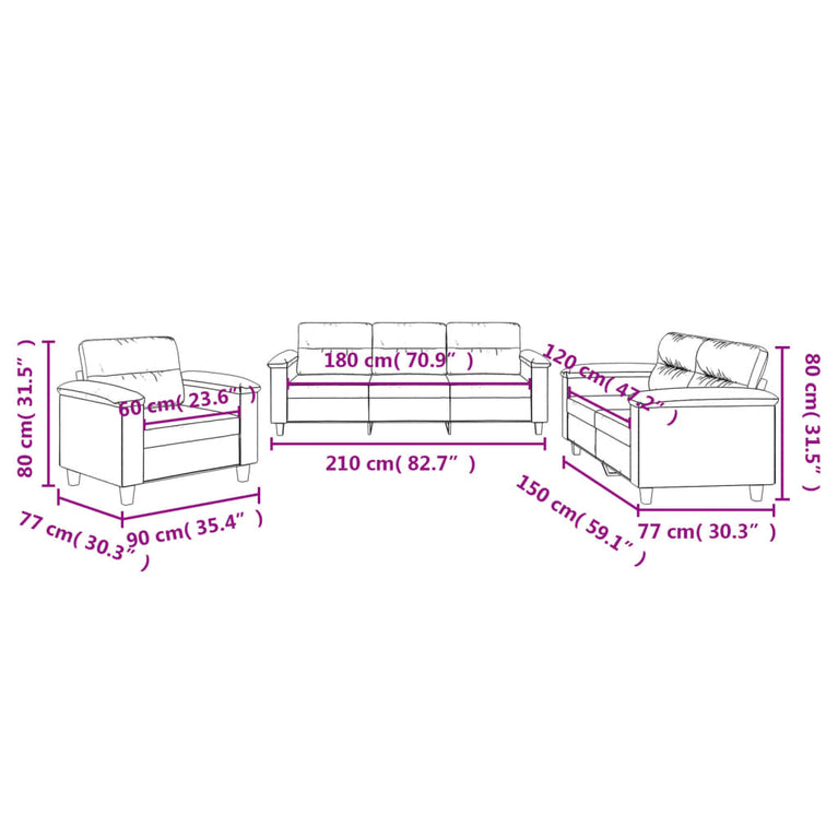 3-delige Loungeset met kussens microvezelstof lichtgrijs