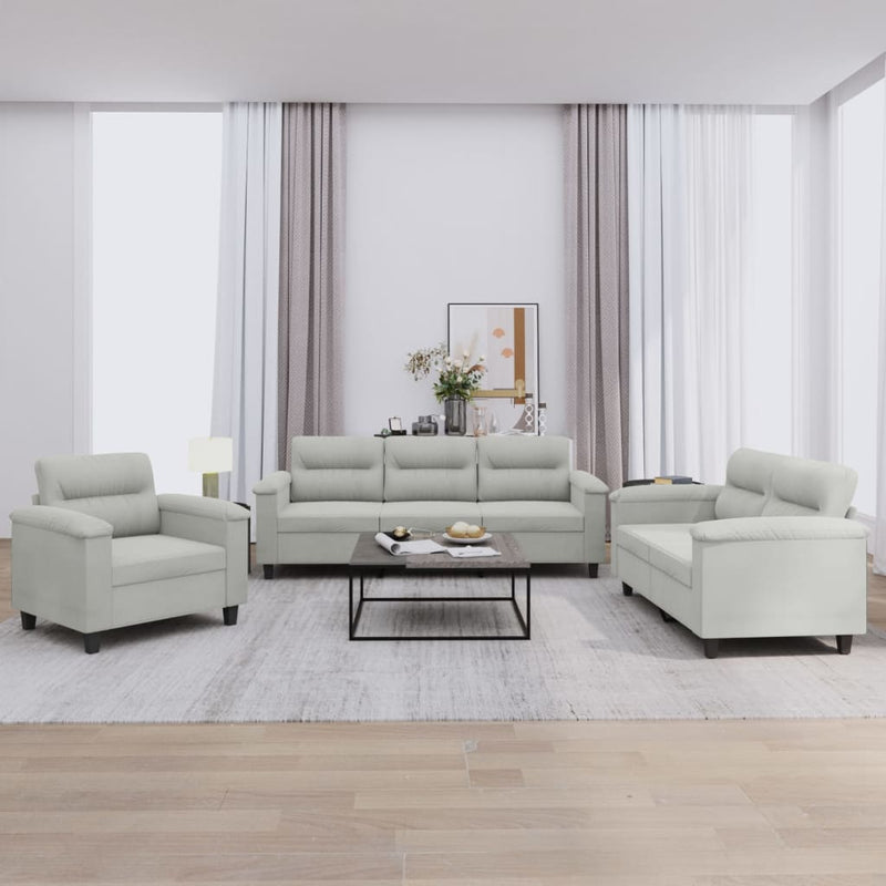 3-delige Loungeset met kussens microvezelstof lichtgrijs