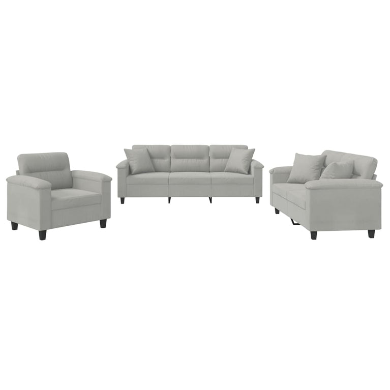 3-delige Loungeset met kussens microvezelstof lichtgrijs