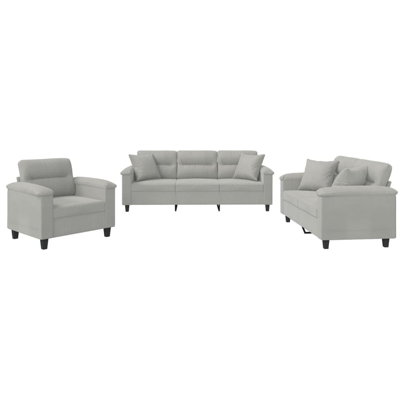 3-delige Loungeset met kussens microvezelstof lichtgrijs