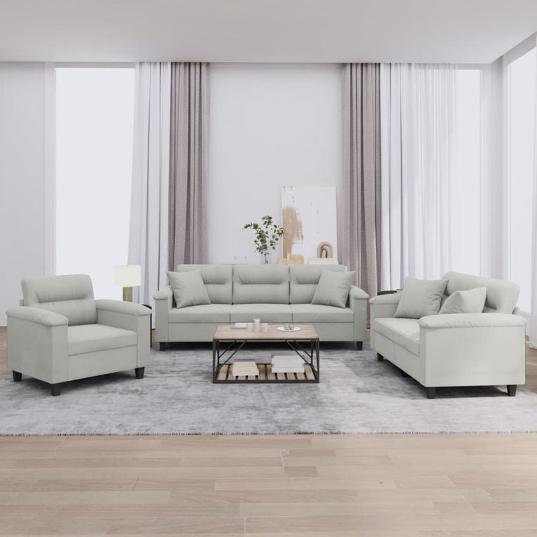 3-delige Loungeset met kussens microvezelstof lichtgrijs