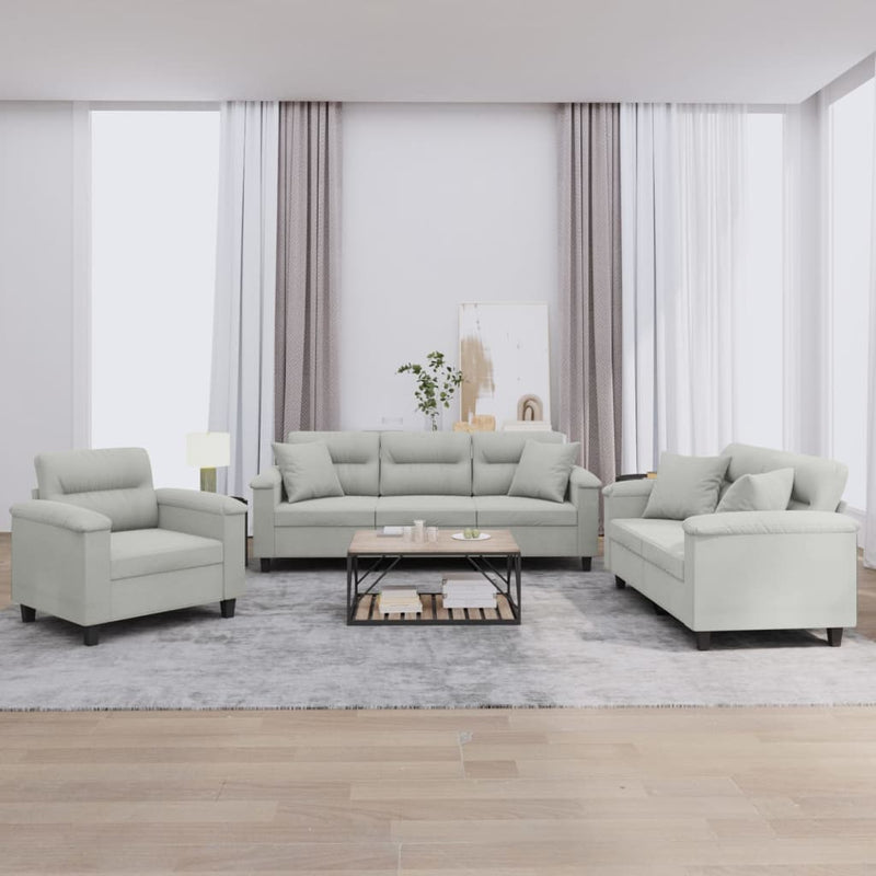 3-delige Loungeset met kussens microvezelstof lichtgrijs