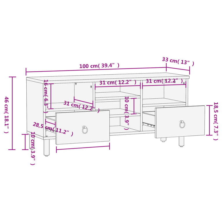 Tv-meubel 100x33x46 cm massief mangohout