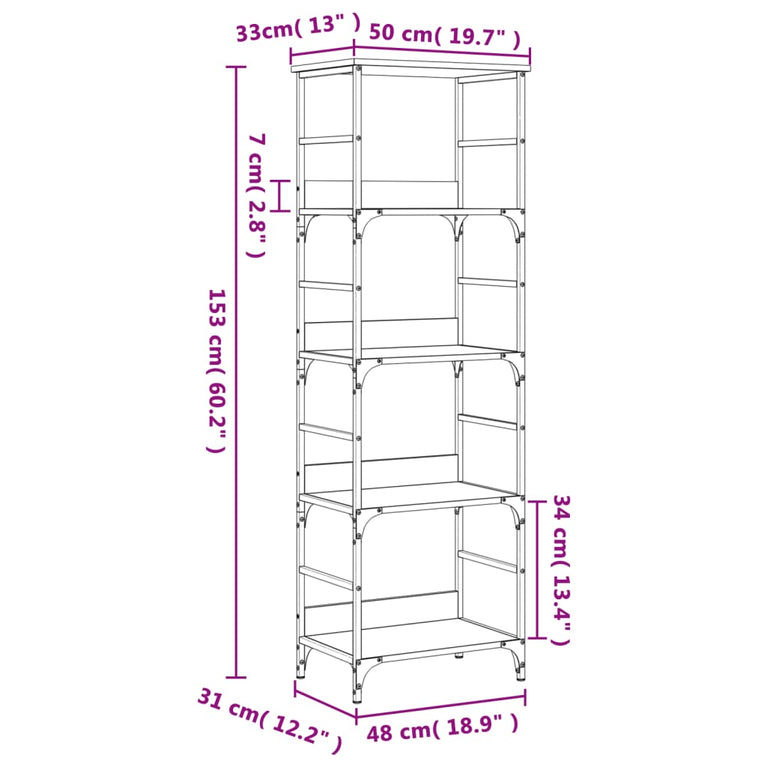 Boekenrek 50x33x153 cm bewerkt hout grijs sonoma eikenkleurig MeubelReus