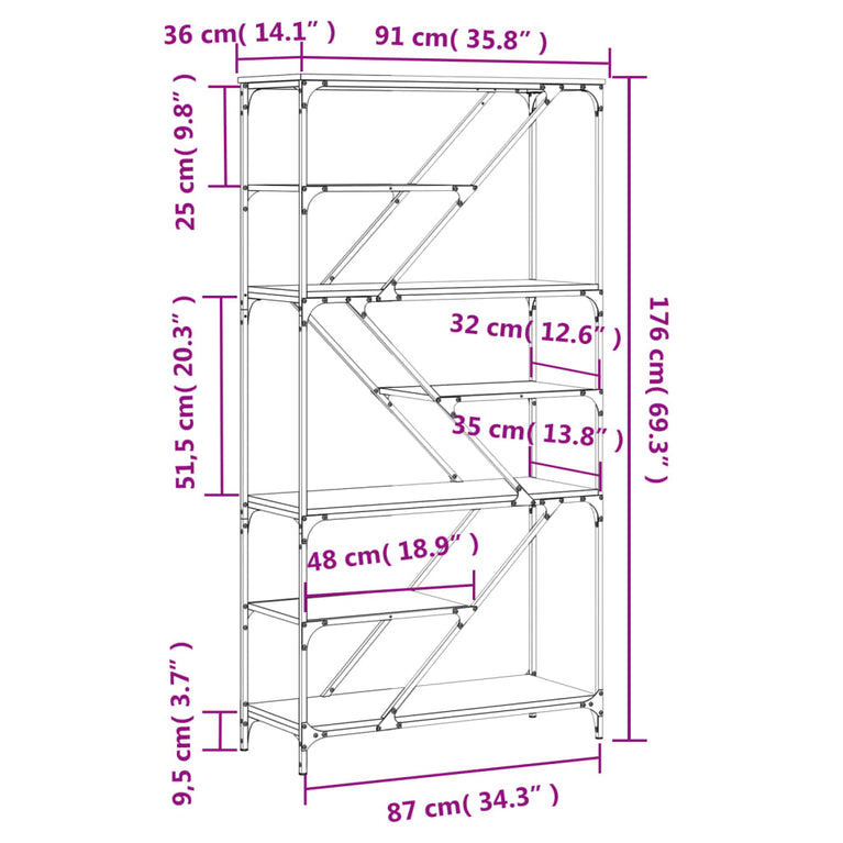 Boekenrek 91x36x176 cm bewerkt hout en staal zwart MeubelReus