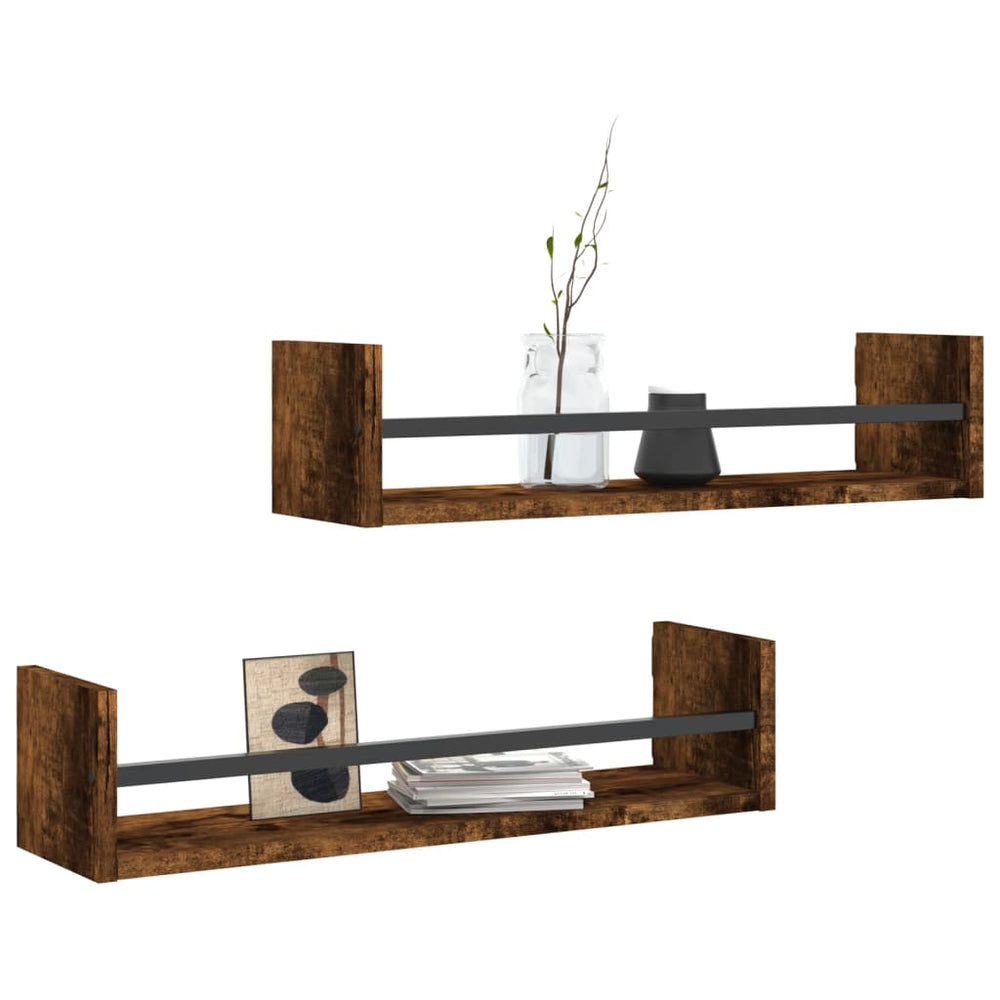 Wandschappen met stangen 2 st 60x16x14 cm gerookt eikenkleurig MeubelReus