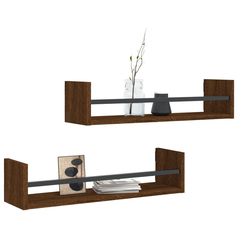 Wandschappen met stangen 2 st 60x16x14 cm bruin eikenkleur MeubelReus