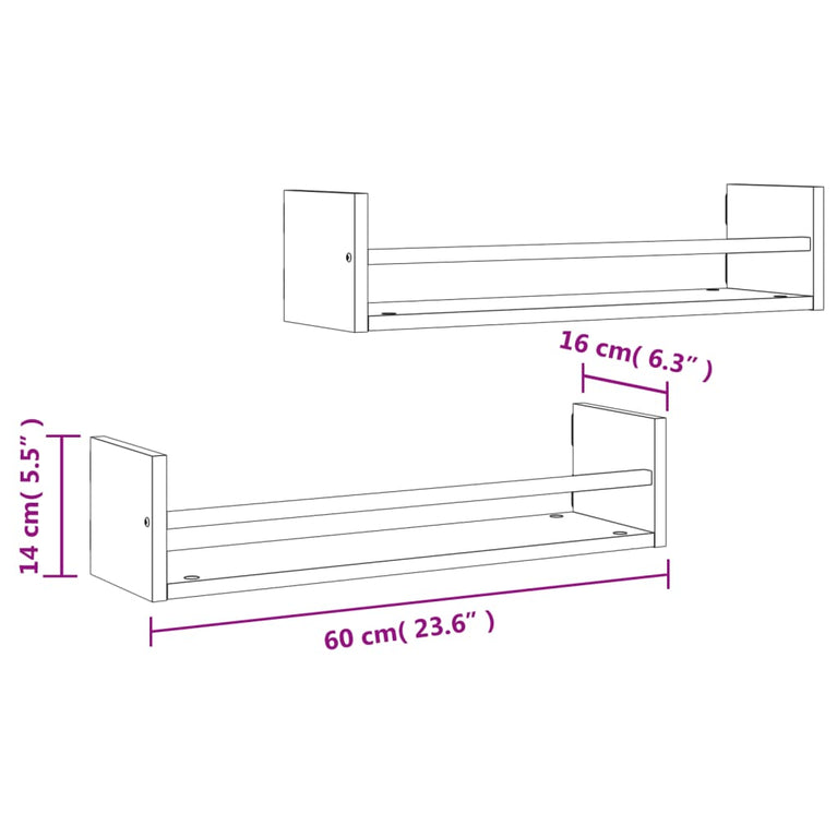 Wandschappen met stangen 2 st 60x16x14 cm bruin eikenkleur MeubelReus