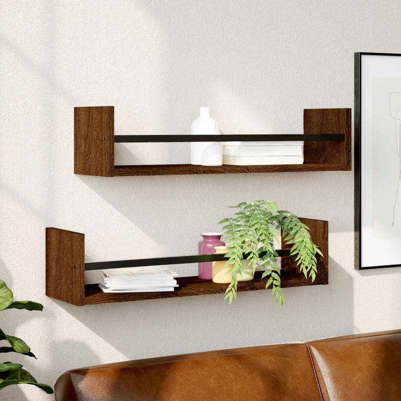 Wandschappen met stangen 2 st 60x16x14 cm bruin eikenkleur MeubelReus
