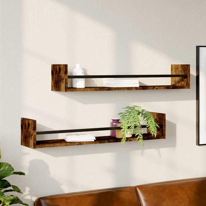 Wandschappen met stangen 2 st 80x16x14 cm gerookt eikenkleurig MeubelReus