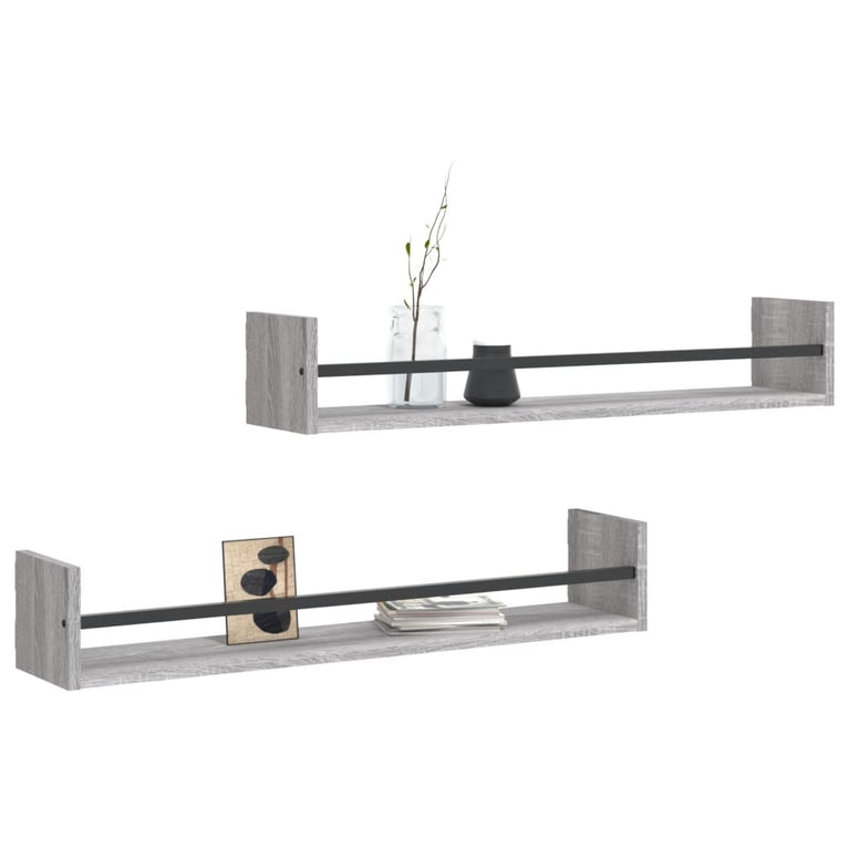 Wandschappen met stangen 2 st 80x16x14 cm grijs sonoma MeubelReus