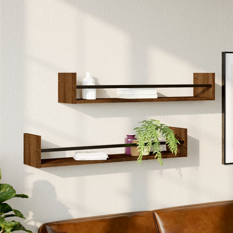 Wandschappen met stangen 2 st 80x16x14 cm bruin eikenkleur MeubelReus