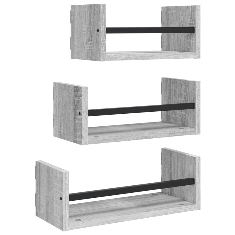 3-delige Wandschappenset met stangen bewerkt hout grijs sonoma