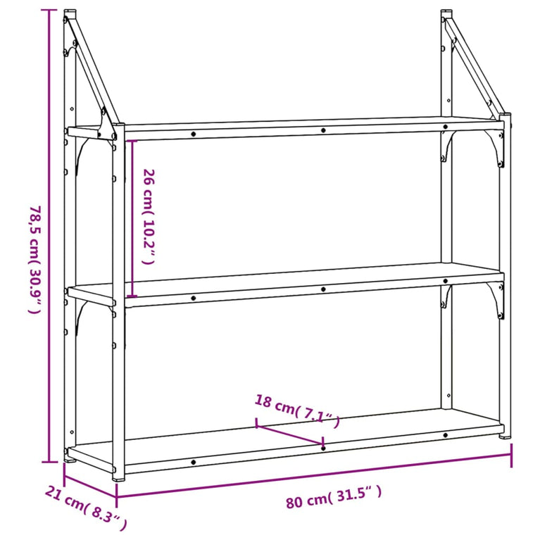 Wandrek 3-laags 80x21x78,5 cm bewerkt hout zwart MeubelReus