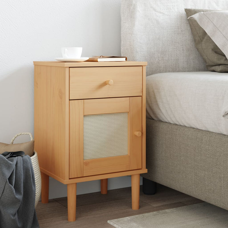 Nachtkastje SENJA rattan-look 40x35x65 cm grenenhout bruin MeubelReus