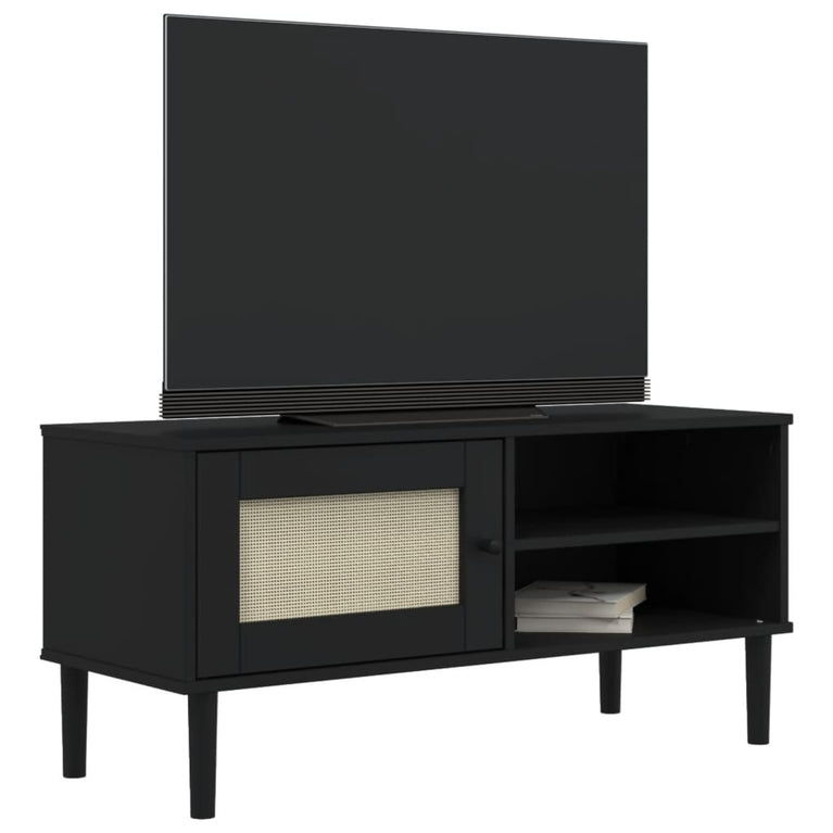 Tv-meubel SENJA 106x40x49 cm rattan massief grenenhout zwart MeubelReus