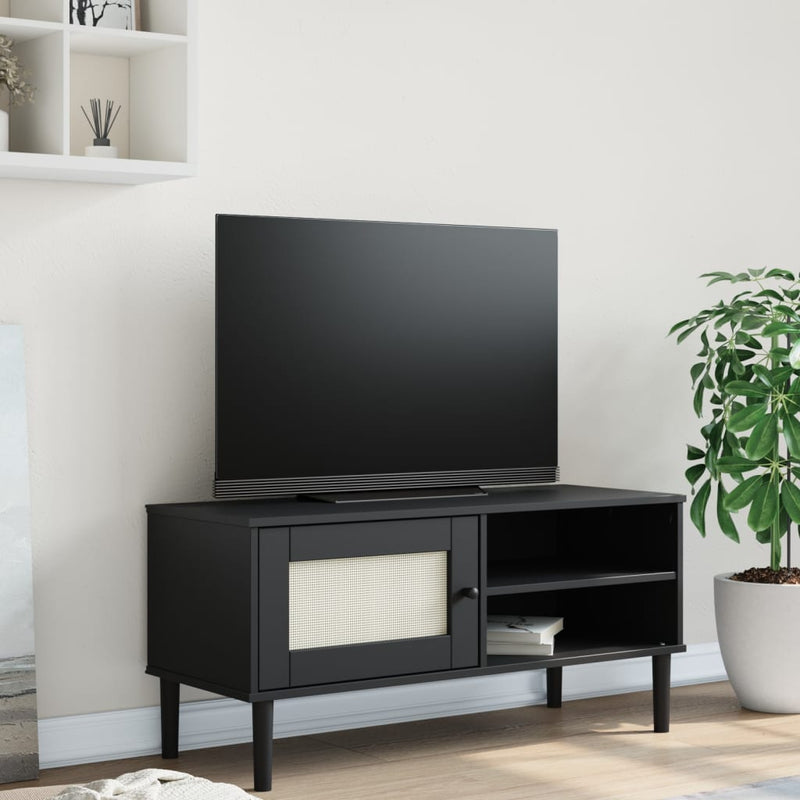Tv-meubel SENJA 106x40x49 cm rattan massief grenenhout zwart MeubelReus