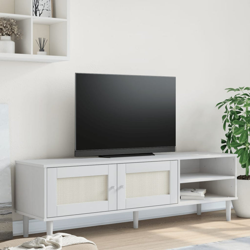 Tv-meubel SENJA 158x40x49 cm rattan-look massief grenenhout wit MeubelReus