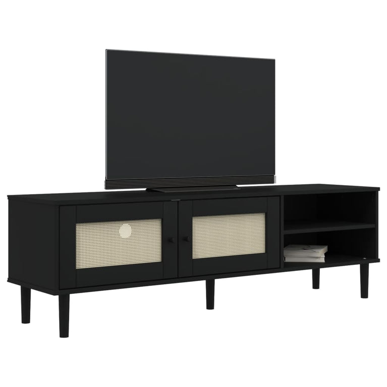 Tv-meubel SENJA 158x40x49 cm rattan-look massief grenen zwart MeubelReus