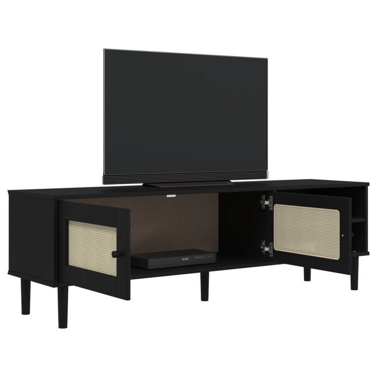 Tv-meubel SENJA 158x40x49 cm rattan-look massief grenen zwart MeubelReus